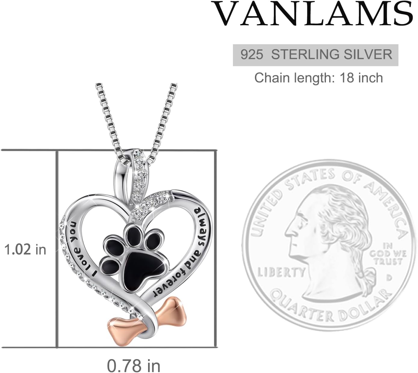 VANLAMS Womens 925 Sterling Silver Bone Love Heart Dog Paw Print Pendant Necklace I Love You Forever and Ever, Gifts for Dog Owner - Image 4