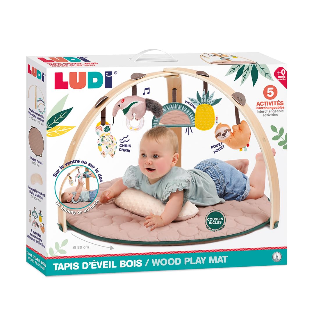LUDI — Holzbogen-Teppich — Skalierbarer Teppich — Abnehmbare Holzbögen — 5 abnehmbare Aktivitäten — 1 Bauchkissen — Stimuliert die Sinne des Babys — von Geburt an