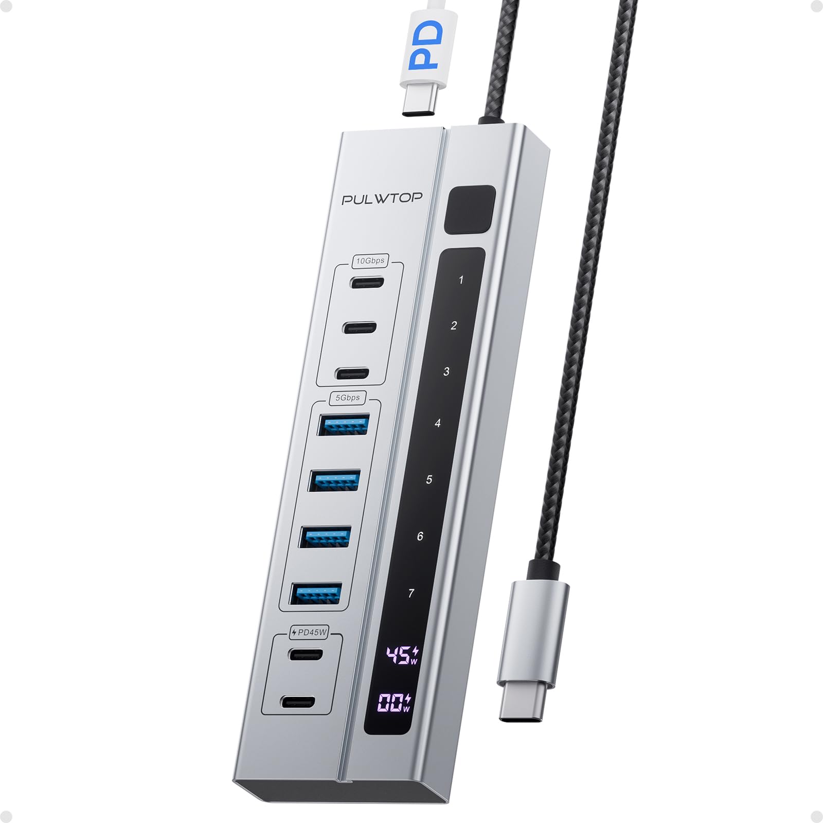 PULWTOP 9-in-1 USB 3.2 Data Hub, Power Adapter NOT Included, Powered USB C Hub with 3 x USBC 10Gbps, 4 x USBA 5Gbps and 2 x 24/45W Type-C PD Charging Ports USB Hub
