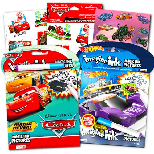 Disney Cars and Hot Wheels Magic Ink Coloring Book Set Kids Toddlers - Bundle with 3 Imagine Ink Coloring Books with Invisible Ink Pens, Cars Temporary Tattoos and Cars Stickers