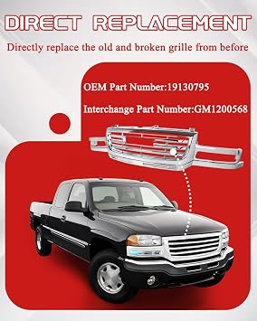 All Chrome Front Grille Assembly For 2003-2007 GMC Sierra 2500HD | Replace for 19130795,Multi-layer polished plating,Weatherproof surface,Maintain smooth airflow,Direct installation