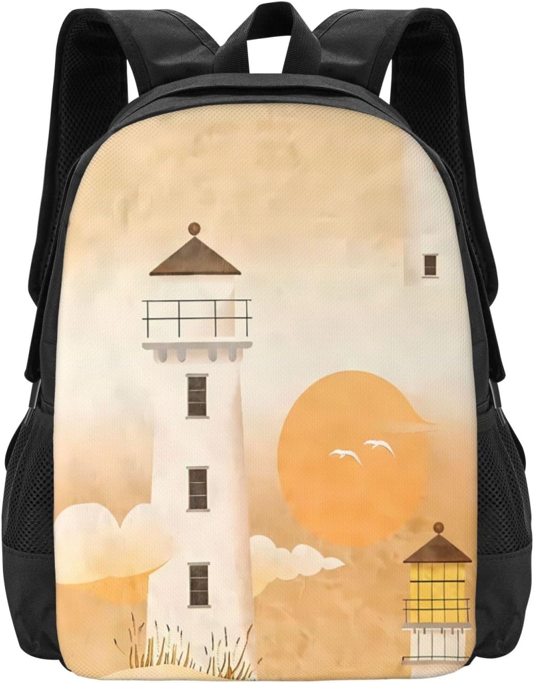 Lighthouse Warm Sunset Sun Yellow 15 Inch Capacity Duffel Backpack for Men Women, Travel Daypack, Wide Padded Shoulder Straps for Hiking Camping Weekend Trip