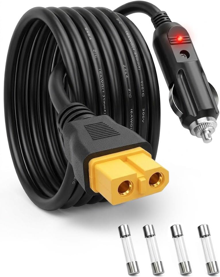 Cable de carga para automóvil de 12 V/24 V al encendedor de cigarrillos XT60, 16 AWG 6,6 pies | Cable de generador solar portátil, 4 fusibles incluidos, compatible con EcoFlow Delta 2, Bluetti EB55, Anker 757, uso en exteriores