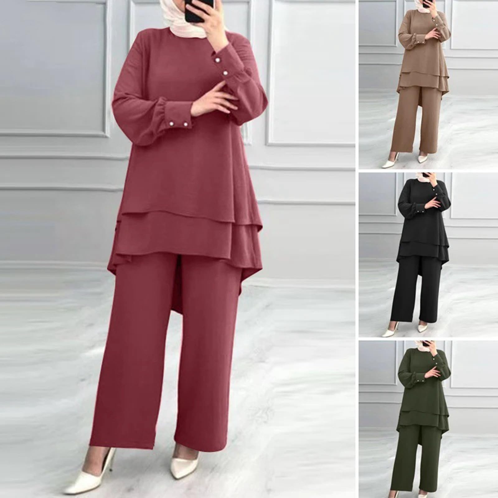 Damen Muslimisch Zweiteilige Sets Langarm Top Kleid mit Hosen Islamische Kleidung Türkei Dubai Arabisch Abaya Anzug Ramadan Eid Gebet Outfits Große Größen Chiffon Abendanzug