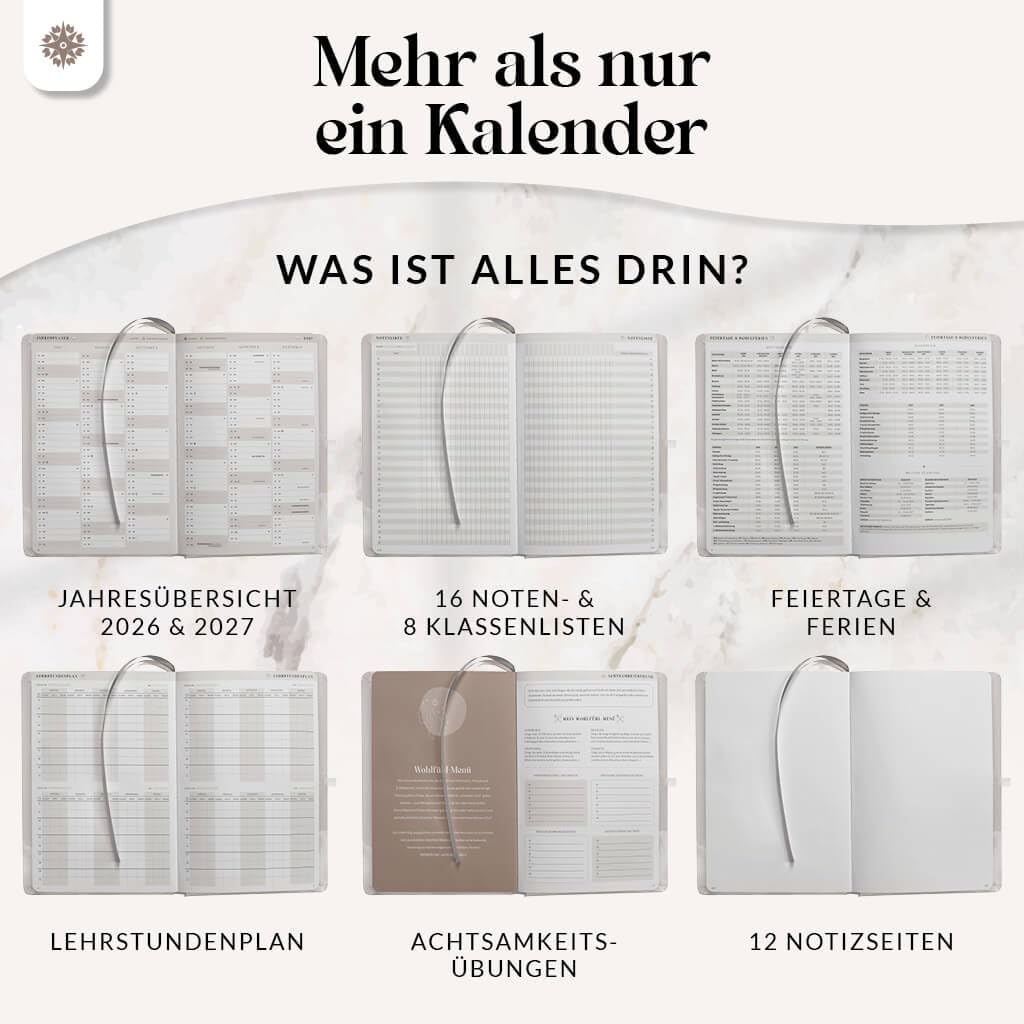 Lebenskompass® Lehrerkalender 2026/2027 DIN A5+ ”Cloud” – Schuljahresplaner Hardcover mit Wochen & Monatsübersichten, Klassen & Notenlisten, Stundenplänen für Lehrerinnen und Lehrer