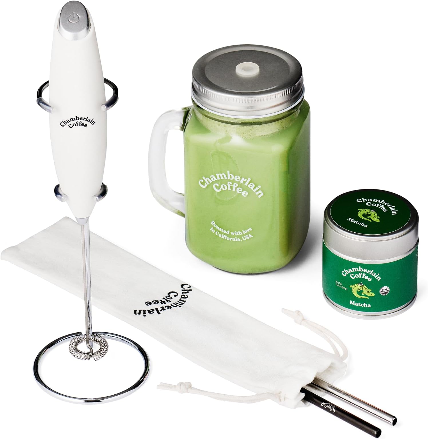 Chamberlain CoffeeMatcha Starter Pack - Green Tea Matcha Powder Kit - Ceremonial Grade Matcha Tea, Milk Frother, Mason Jar, Stainless Steel Straws - 1.06 Oz Tin