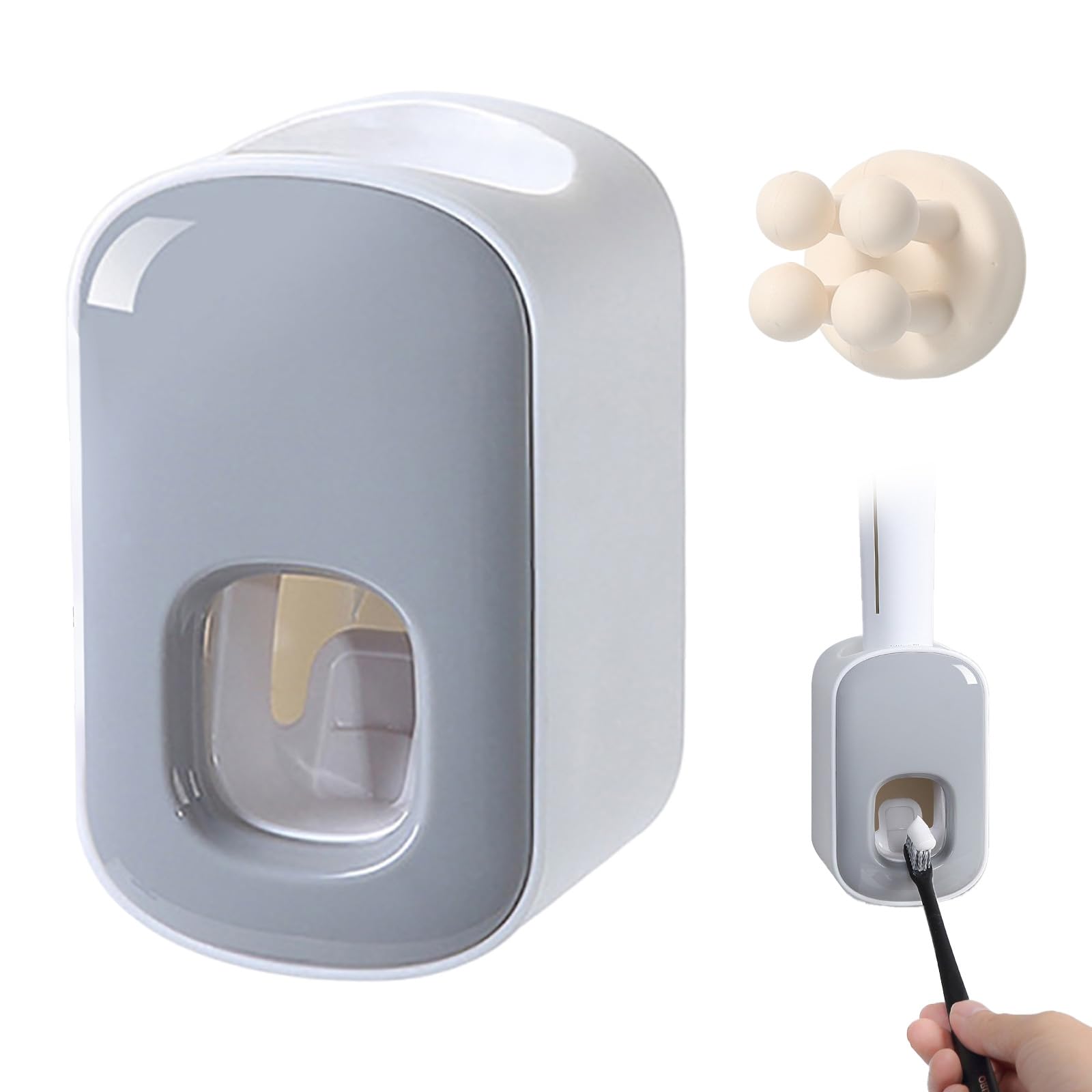 Automatic Toothpaste Dispenser with Hook,Waterproof Wall-Mounted Toothpaste Holder,Dust Free & Easy to Clean,Toothpaste Dispenser Bathroom & Washroom Accessories for Kids,Adults (Grey+Silicone hook)