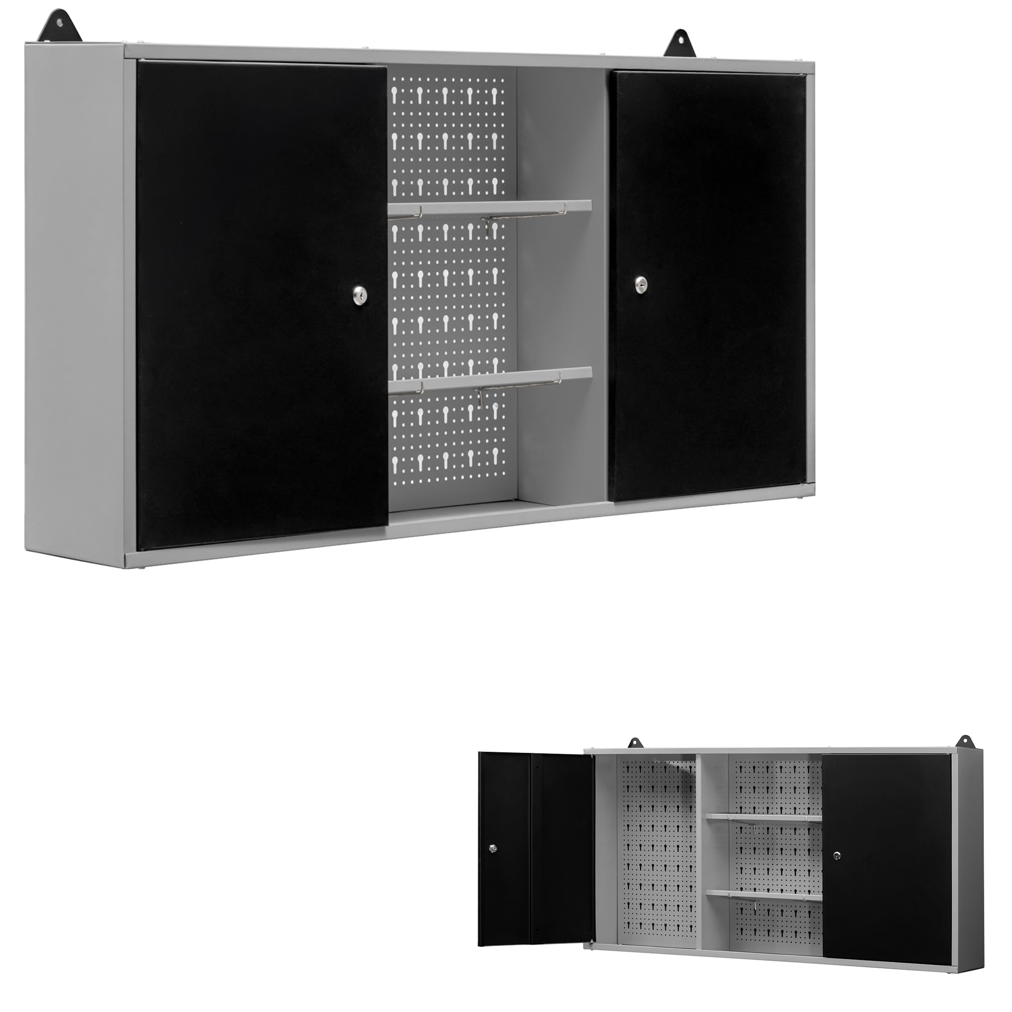 METALL MÖBELL WORKBENCH & TOOLS METALLMOBELL - Armario Metalico de Pared | 120x60x20cm, con Estanterías, Panel Herramientas y Cerradura | Armario Almacenaje, Mueble Almacenaje MB03G