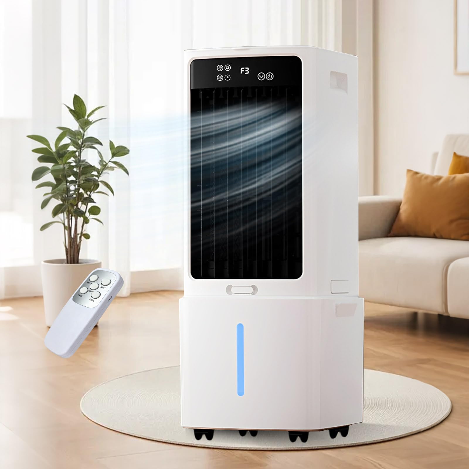 Portable Air Cooler 12L, Mobile Evaporative Humidifier, Remote Control, Timer, 2 Ice Packs, 120° Oscillation