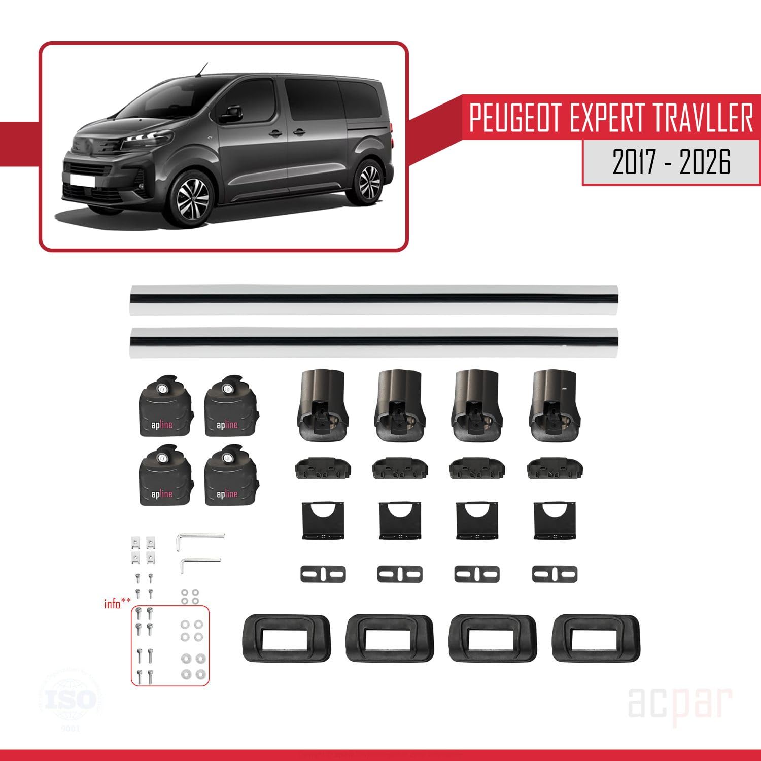 Compatible avec Peugeot Expert Traveller (K0) 2017-2026 ACE-3 Modèle Barres de Toit Railing Porte-Bagages de Voiture Aluminium Gris 2 Barres