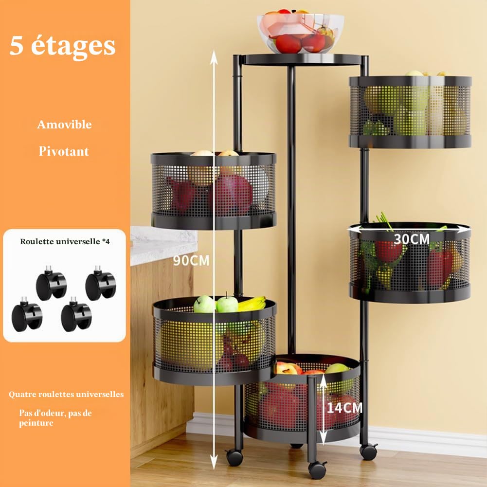 Chariot de service en métal avec roulettes, 5 niveaux, rond, 90 x 30 cm de diamètre, pour légumes, cuisine, salle de bain, chambre d'enfant et bureau (noir)