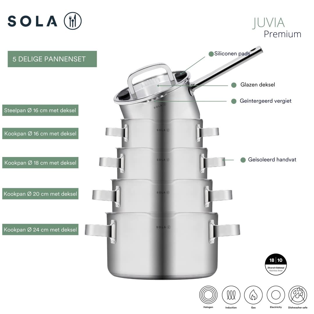 SOLA Juvia SIGNATURE zestaw garnków indukcyjnych, 5-częściowy, zestaw garnków ze szklaną pokrywką i funkcją nalewania, matowa stal nierdzewna 18/10, uchwyty Koudgreep, nadaje się do płyt indukcyjnych, nadaje się do mycia w zmywarce, skala wewnętrzna