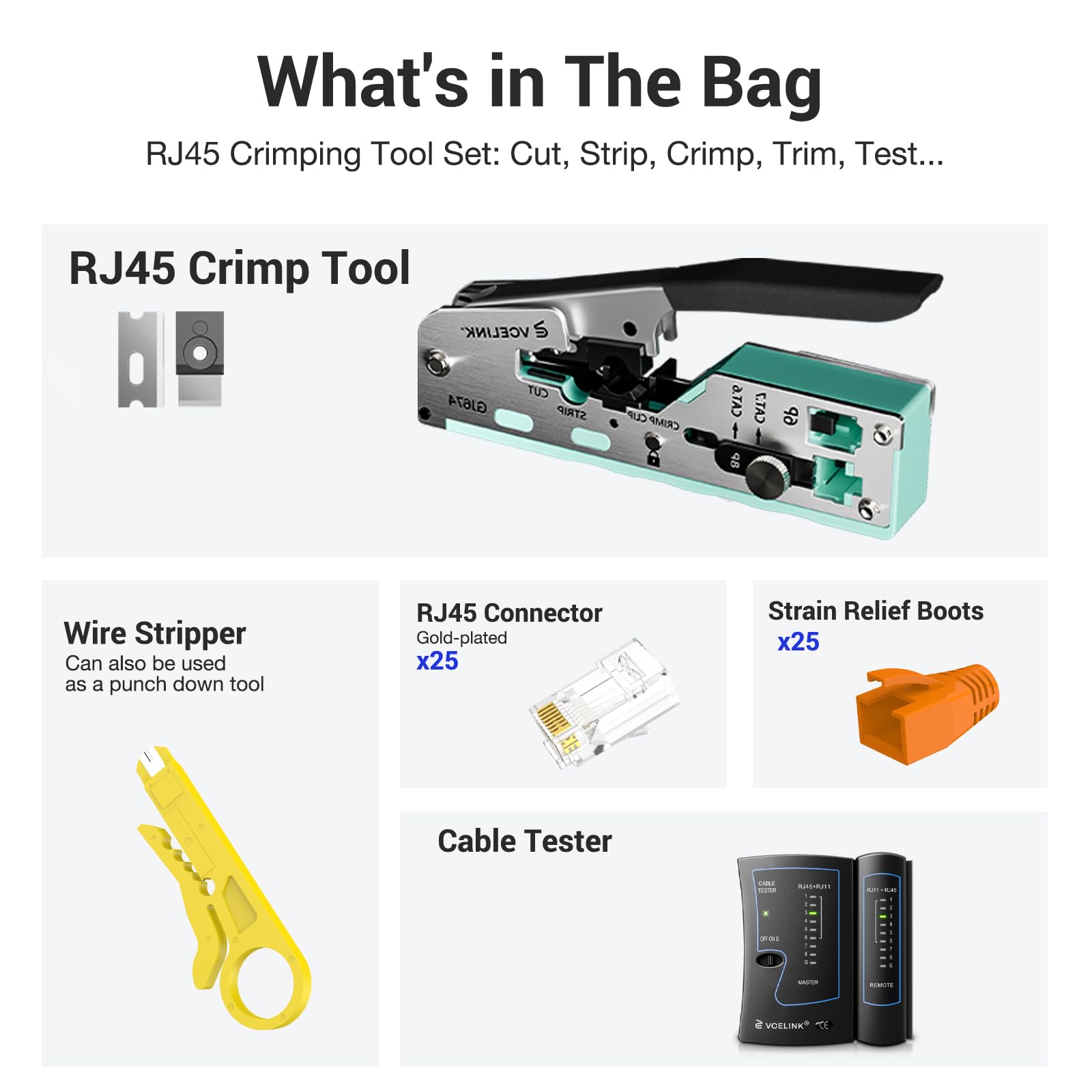 Kit De Crimpadora RJ45 VCELINK – Herramienta Profesional Para Conectores Cat6/Cat6A/Cat7 Pass Through Con 10 Conectores Y Fundas