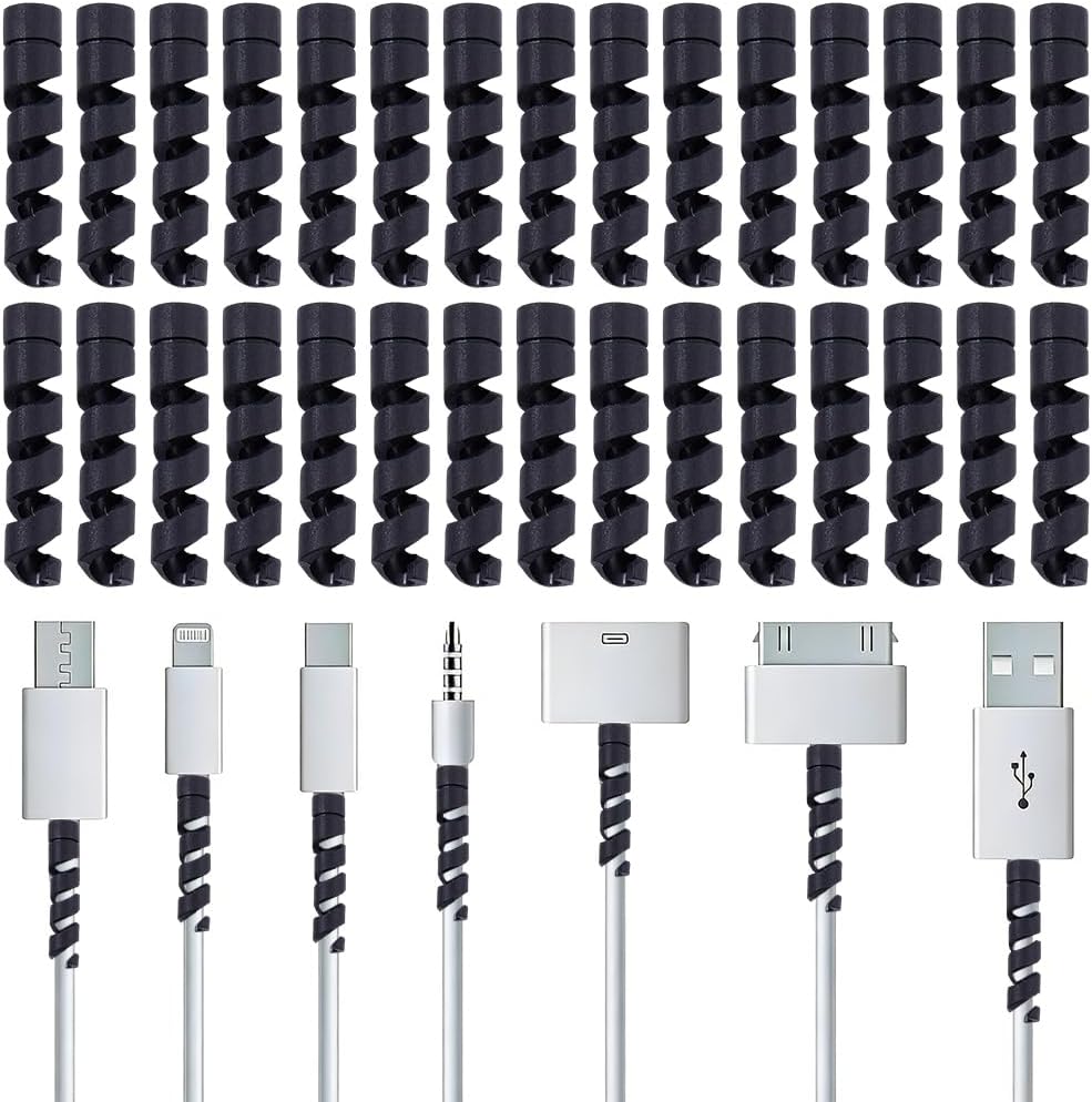 CRASPIRE 30Pcs Spiral Cord Protector Charging Cable Saver Soft Rubber Flexible Black USB Wire Wrap Sleeve Management Protector Organizer for Headphone Laptop Earphone Cellphone Chargers Accessories