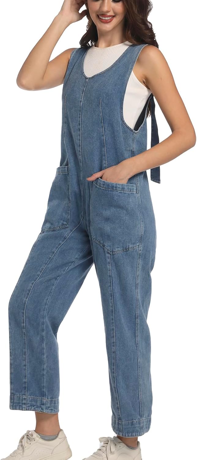 Womens High Roller Denim Jumpsuit Baggy Loose Fit Jean Overalls Adjustable Straps Sleeveless Jumpers with Pockets - Image 2