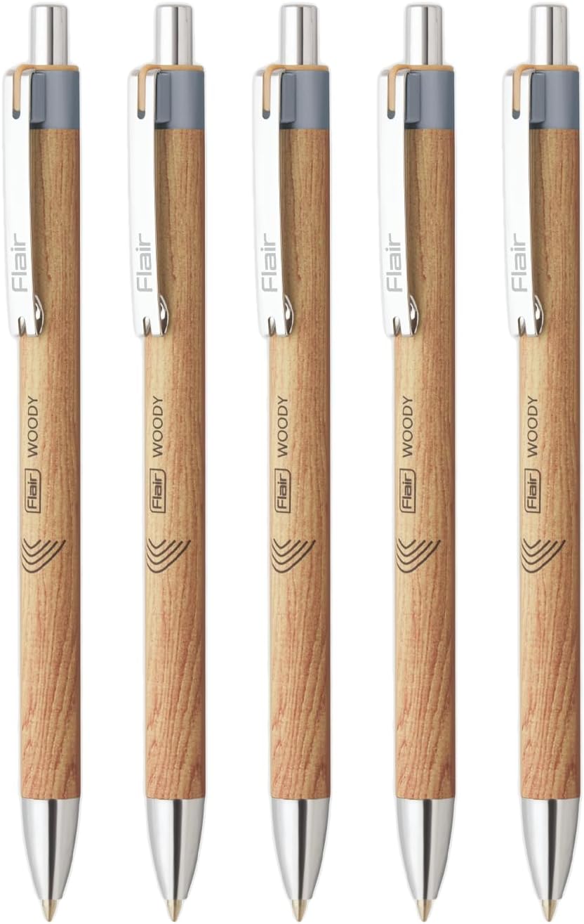 Woody Cliq 0.7mm Retractable Ball Pen | Elegant Pockatable Clip with Attractive Wooden Texture Body | Lightweight and Long-Lasting Ball Pen | Black Ink, Pack of 5