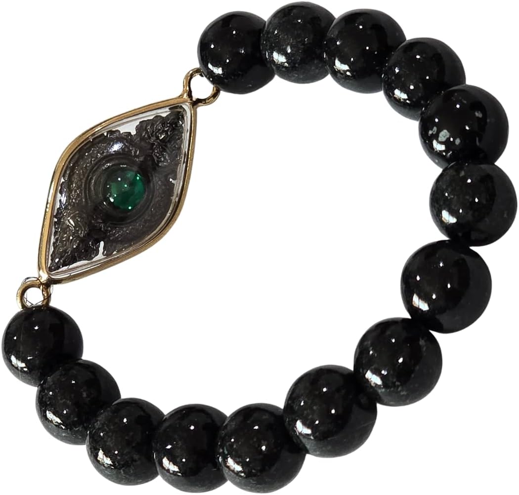 Natural Black Jade Bracelet for Unisex , Burmese Black Jadeite Beaded Bracelet 12.30mm with Thai Lucky Eye Amulet Pendant, Feng Shui Protection & Wealth Energy Jewelry, Stretch Fit, Gift with Red Silk Pouch.
