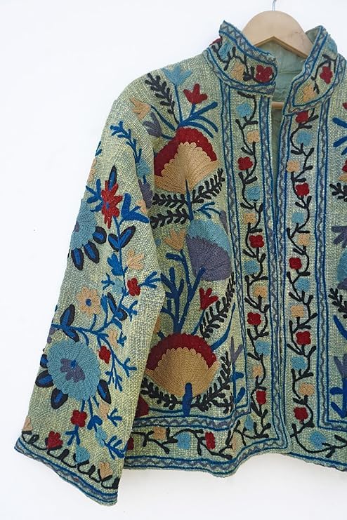 Women's Floral Embroidered Jacket, Peach Color, Traditional Boho Style, Open Front3