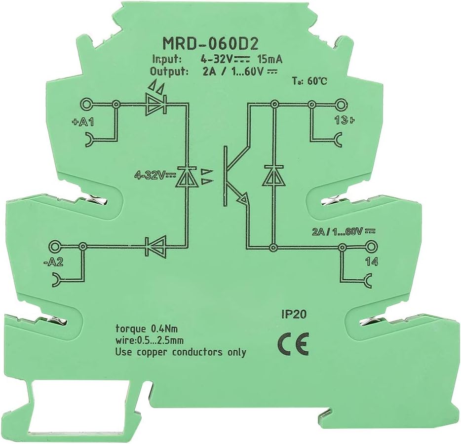 DIN Rail Relay Module, MRD-060D2 Ultra-Thin DIN Rail Mount Relay 6.2mm Solid State Relay Module Input 4-32VDC NO with LED Input State Indicator