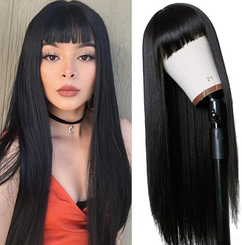 TIMANZO Long Straight Remy Hair Wigs Natural Black Heat Resistant Fiber Hair Ful