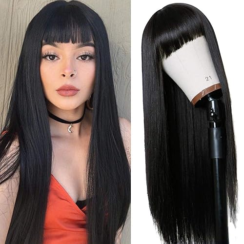 TIMANZO Long Straight Remy Hair Wigs Natural Black Heat Resistant Fiber Hair Full Machine Wig with Bangs Cosplay Party Wig For Fashion Women(24 Inches Natural Black Hair) - Black
