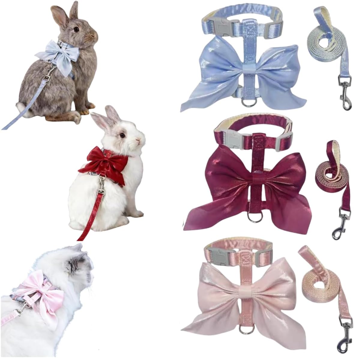3 Sets Adjustable Rabbit Harness and Leash Bunny Harness Vest Ferret Leash with Bow Tie Decor for Rabbit Kitten Puppy Small Pets (M)