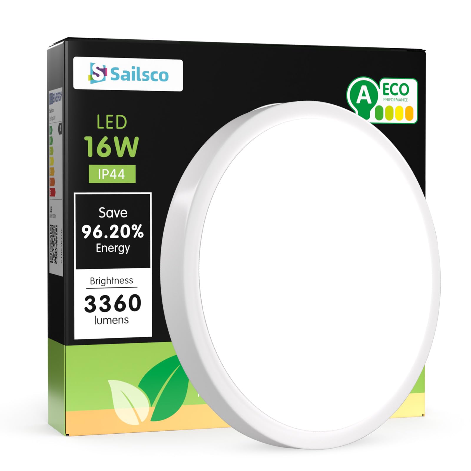 Sailsco LED Plafoniera piatta 16W 4000K 3360LM, IP44 impermeabile, Plafoniera rotonda a risparmio energetico per bagno cucina camera da letto balcone soggiorno, non dimmerabile, diametro 27cm, 1 Pezzo