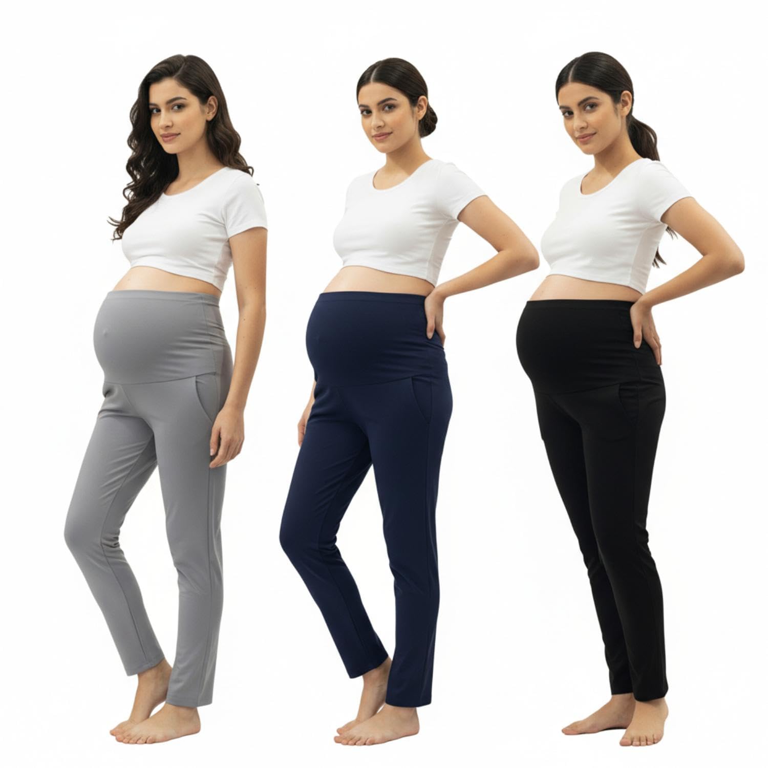 Women Combed Cotton Regular Fit High Rise Maternity Pants-Black, Navy-Blue & Grey(Pack of 3)-image-45