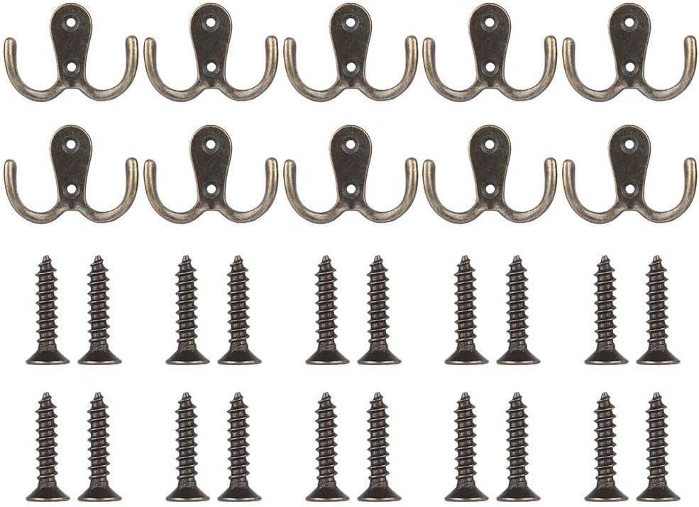 10pcs Metal Antique Hooks Double Prong Wall Door Coat Hanger Retro Key Holder Hat Bag Clothes Towel Organizer Shelf Storage(2.16inch,Bronze Tone)