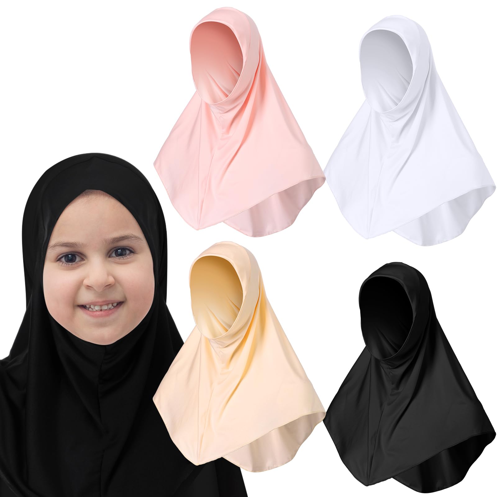 Cozypower 4 Pcs Hijab Muslim for Girls Kids Head Scarf Shawls Neck Wrap Kids Headscarf Turban Ready to Wear Easy Instant(Classic Color)