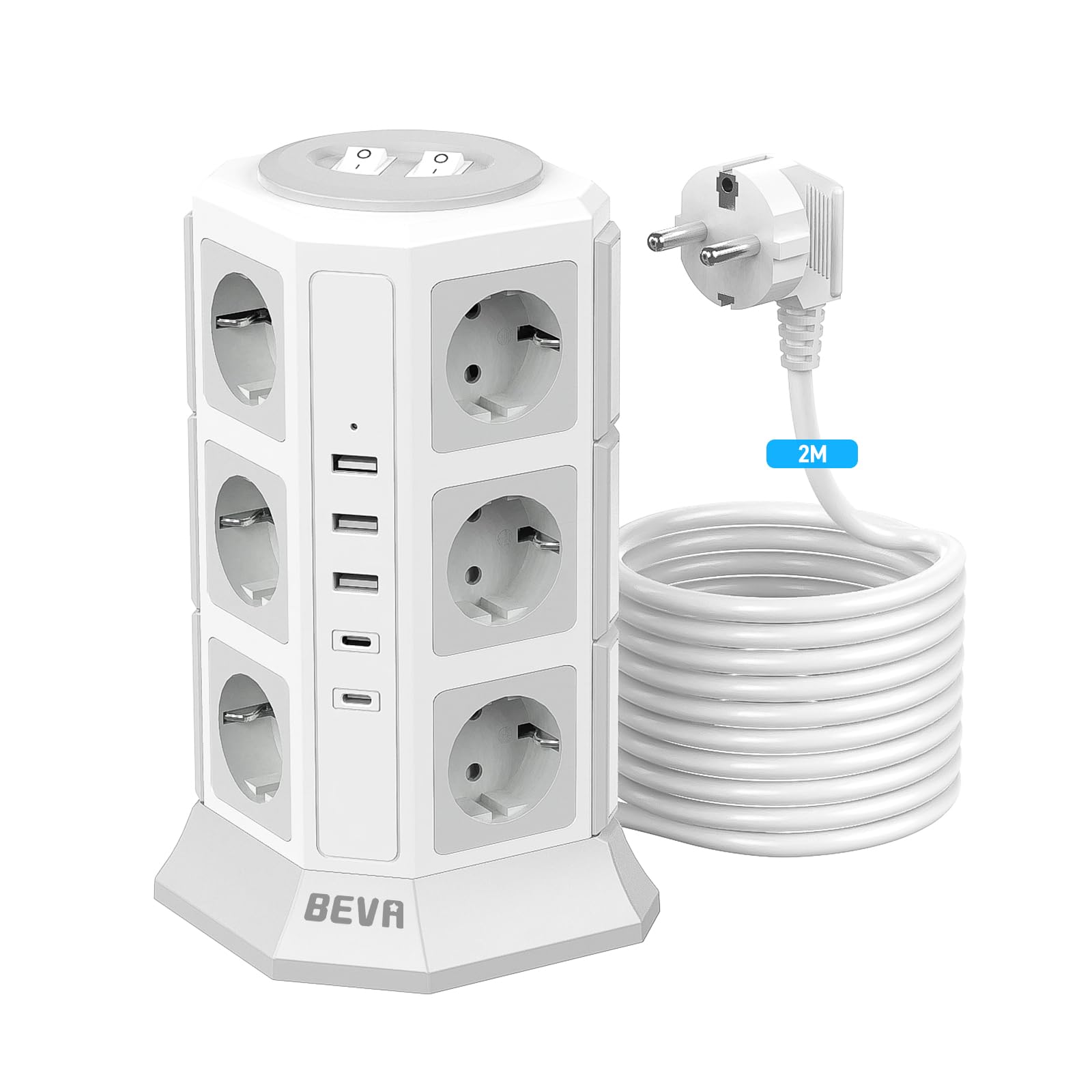 BEVA 12 Prises Tour Multiprise Parafoudre avec Câble 2M,Blanche | 2500W/10A Multiprise Electrique avec 2 Interrupteur et 2 USB-C (15W)+3 USB-A,Multiprise Parafoudre et Surtension