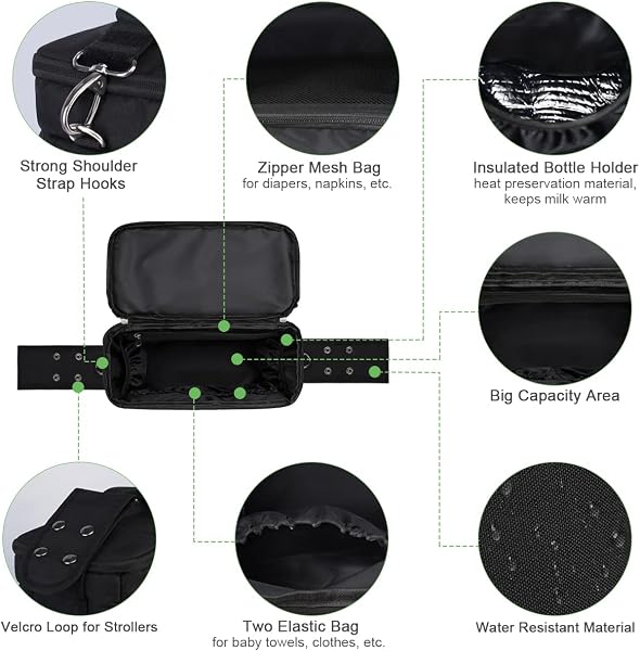PHILORN Organizer per passeggino con portabevande isolato, tracolla, grande capacità, universale per passeggino, borsa fasciatoio, borsa per passeggino, organizer per bambini, Nero - 3