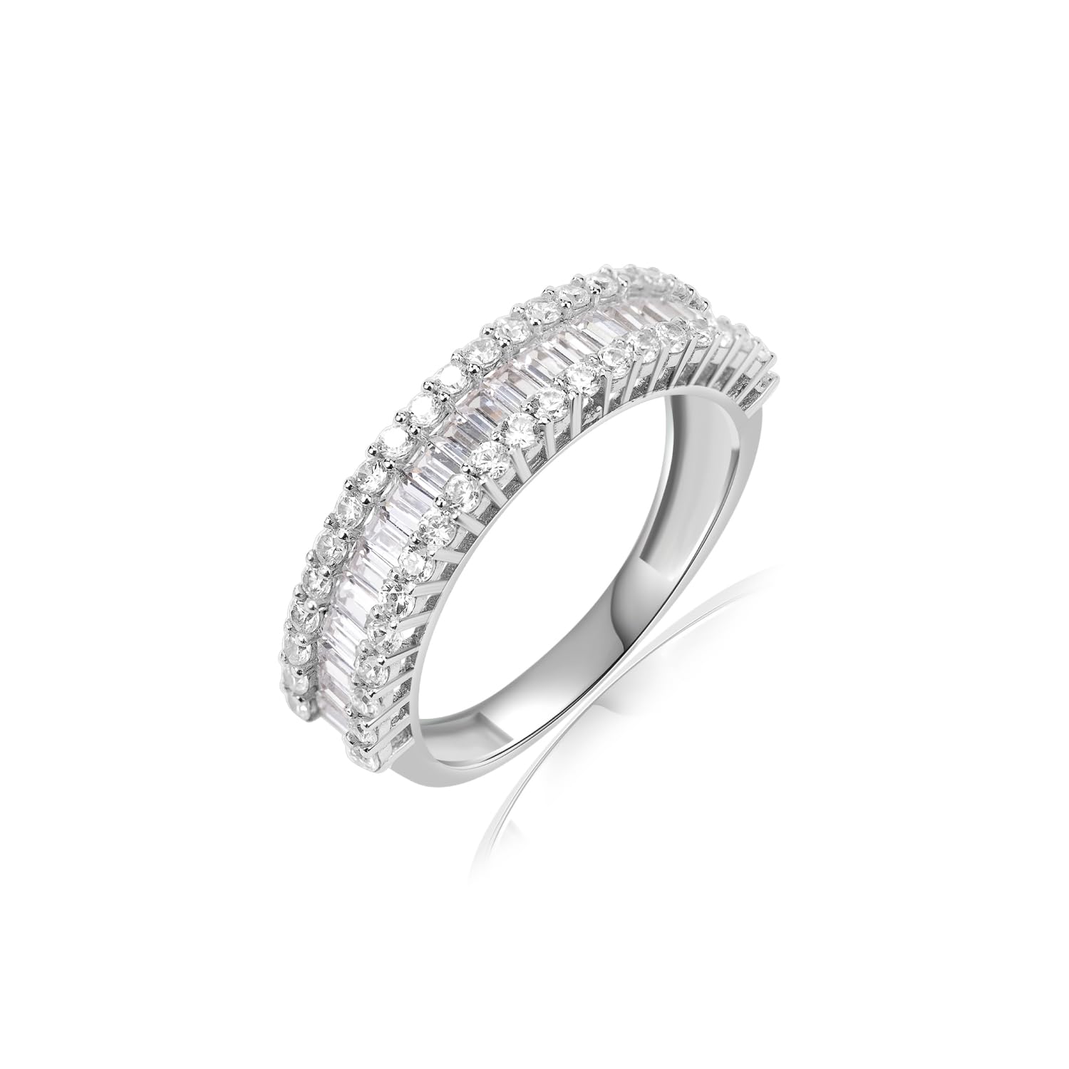 92.5 Sterling Silver Layered Baguette Eternity Band, Heirloom Ring with Halfway Band, Elegant Whites Collection, Gift for Women and Girls, BIS Hallmarked-image-6