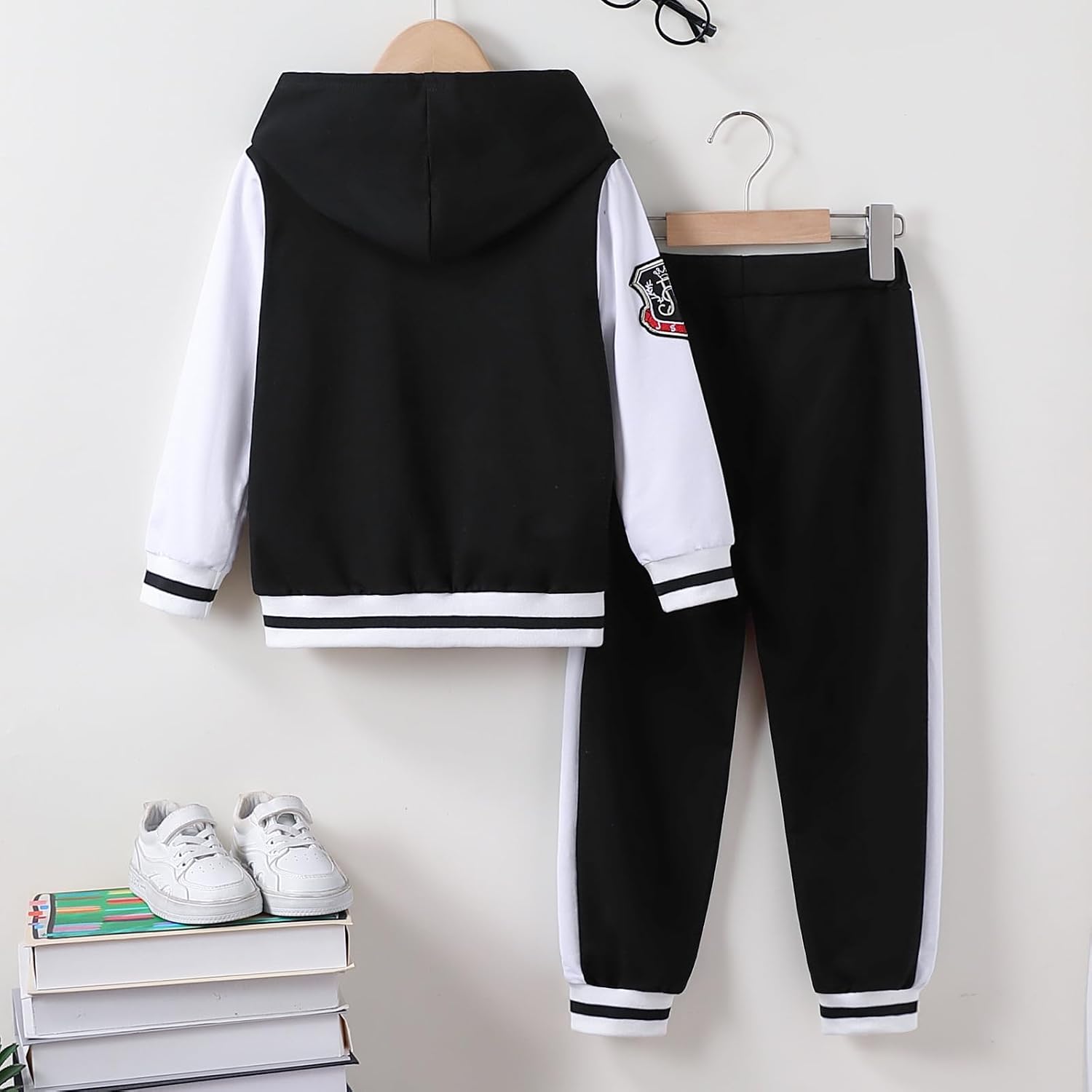 Boys Clothes Button Down Hoodies & Jogger Pants Set Casual Color Block Sweatsuit (Size: 5-9T)