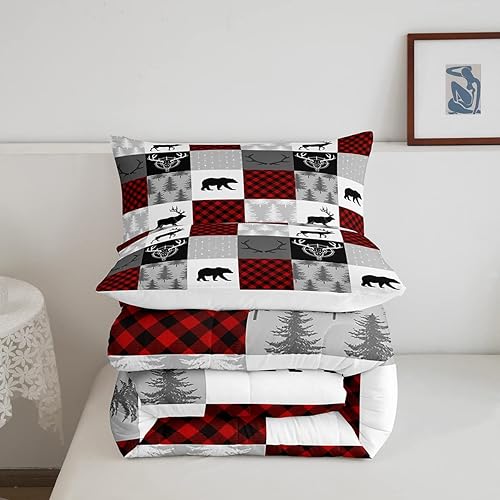 Miniatura 5 de Castle Fairy Juego de edredón de tamaño Queen con diseño de oso de ciervo a cuadros, juego de ropa de cama de retazos con 2 fundas de almohada,
