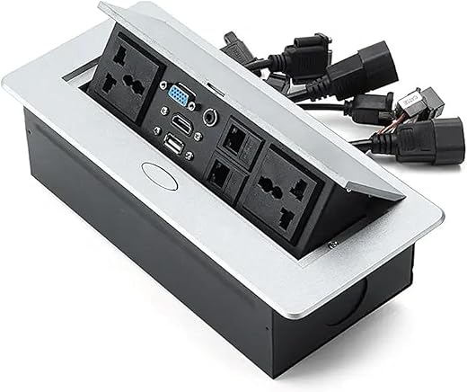 Farraige® Hydraulic 10 Module Conference Table Connectivity and Data Box Pop Up Box/Cable Cubby with HDMI, VGA, Audio, LAN and Power Ports (Silver)