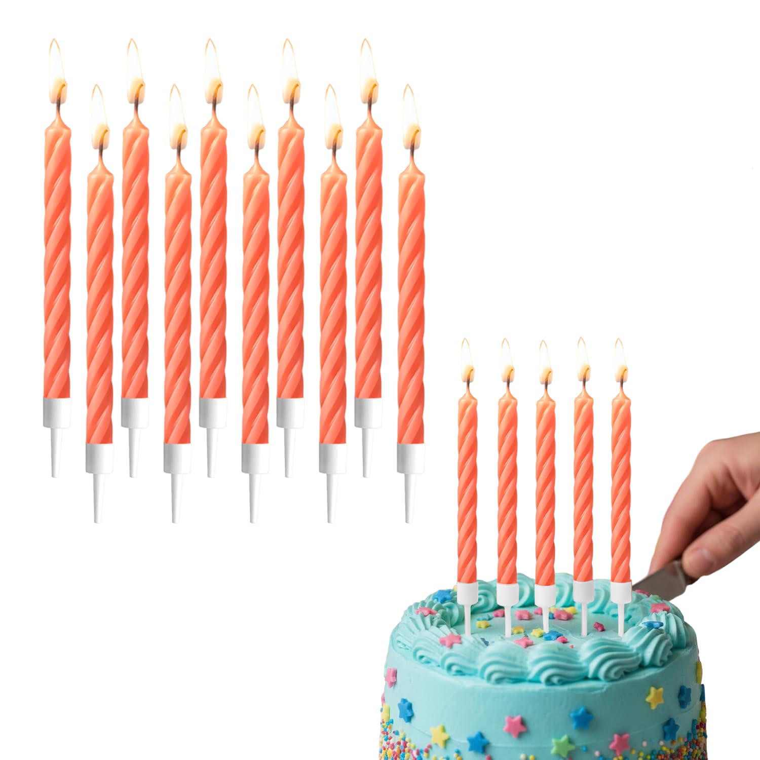 AEX Pack of 10 Orange Birthday Candles with Holders | Spiral Cake Candles for Cakes | Non-Toxic Wax Birthday Cake Candle Set | Party Candles for Birthday, Anniversary & Celebration Cakes