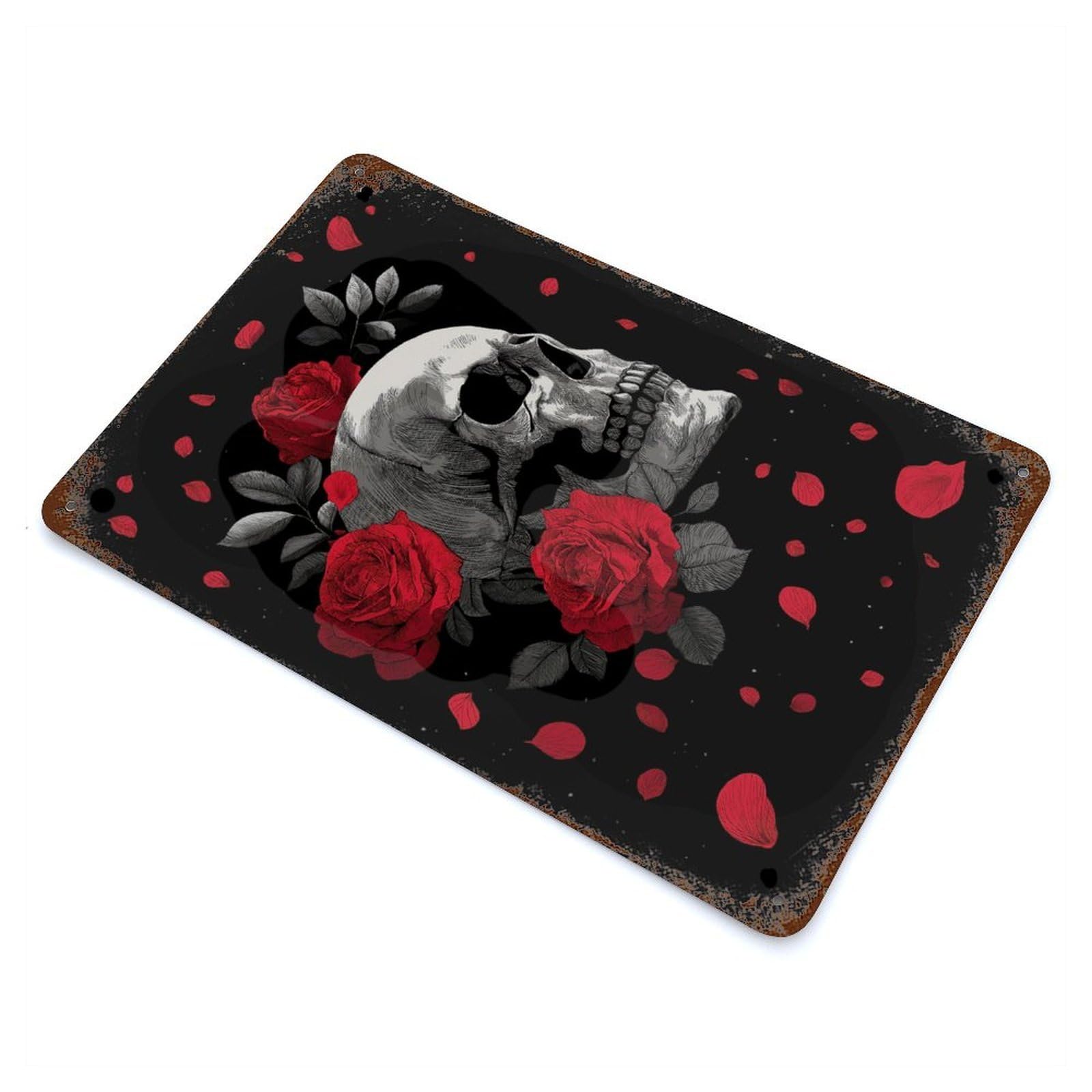 Retro Metal Sign Skull And Roses on Black Background 11.8"x7.9", Decorative Metal Wall Art for Pub, Kitchen And Man Cave Decor