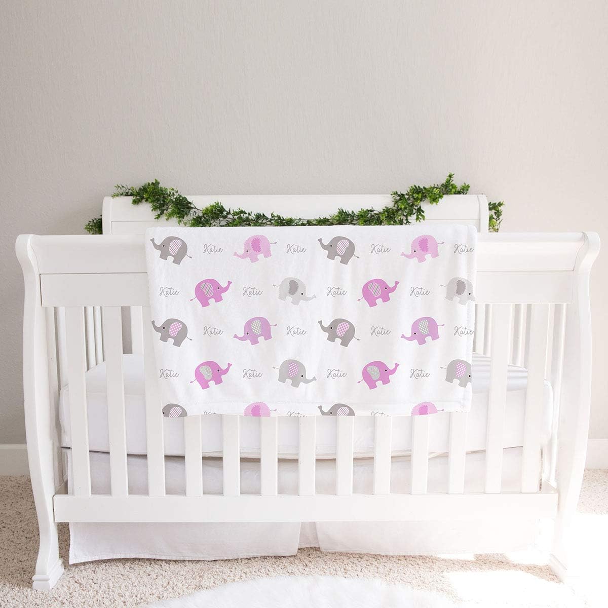 Personalized Elephant Fleece Baby Girls Blanket, Pink and Gray