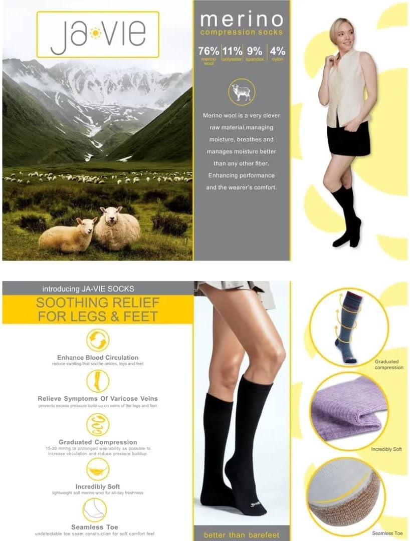 ja vie 76% Merino Wool Graduated Compression Socks for Women & Men (15-20mmHg) - Image 5