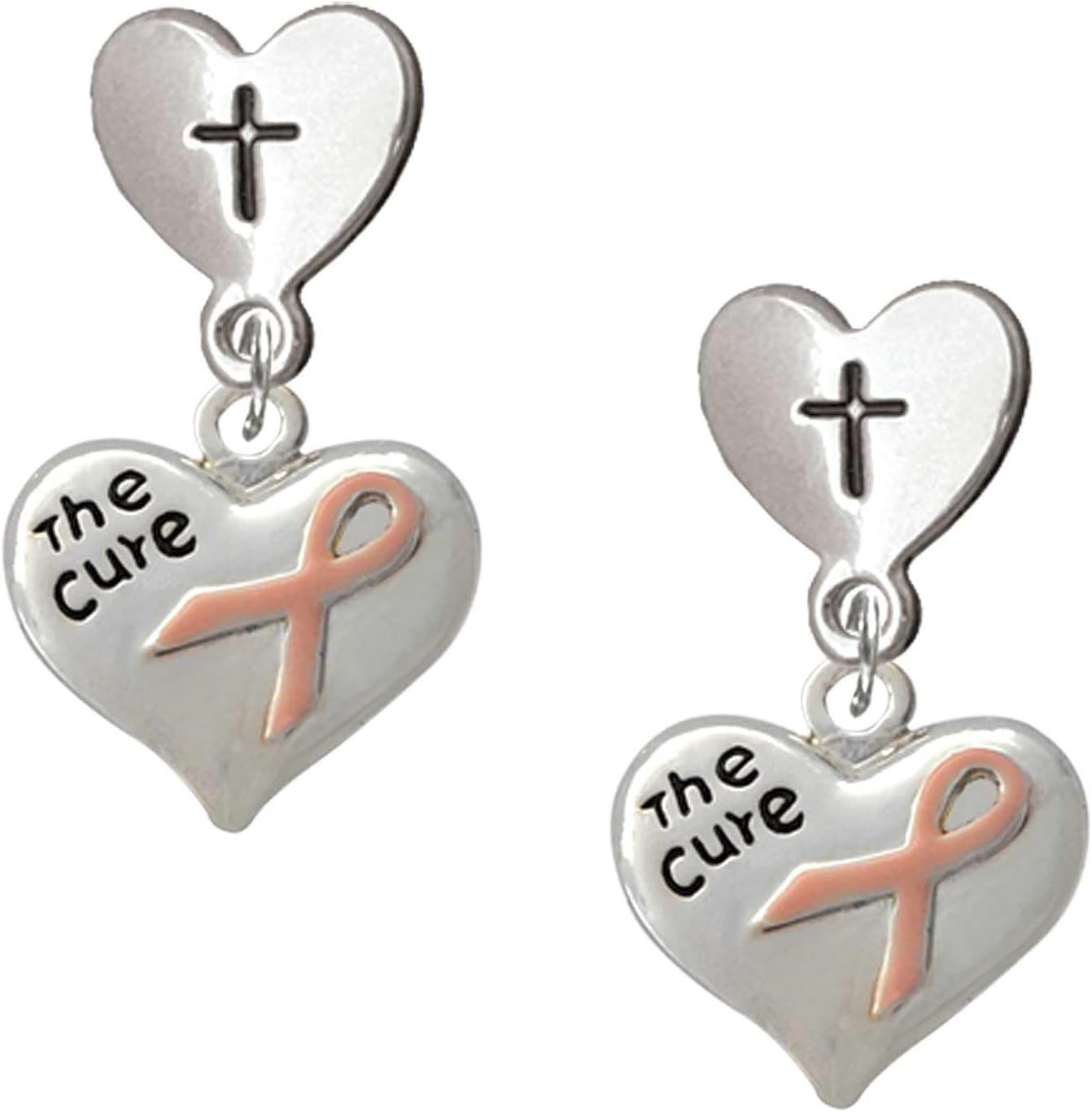 Delight Jewelry Silvertone Small Heart with Pink Ribbon ''The Cure'' Cross in Heart Post Dangle Earrings