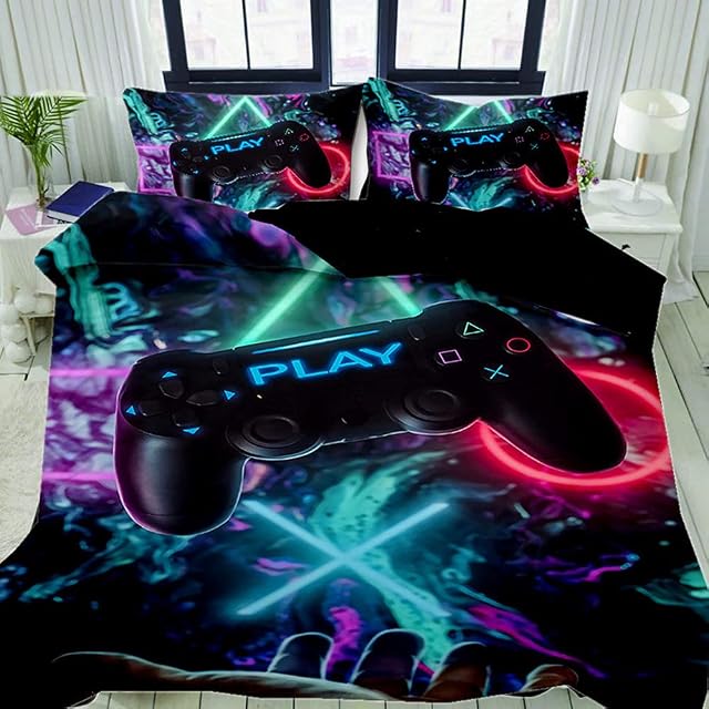 PEIHUODAN Gamer Bedding Set Single Boys Double King Size Multicoloured Zipped Duvet Covers Set Teenage Boy Kids Men Gamepad Pattern Gaming Bedding Funny Gamer Bedroom Decor (Green,Double 50X75cm x2)