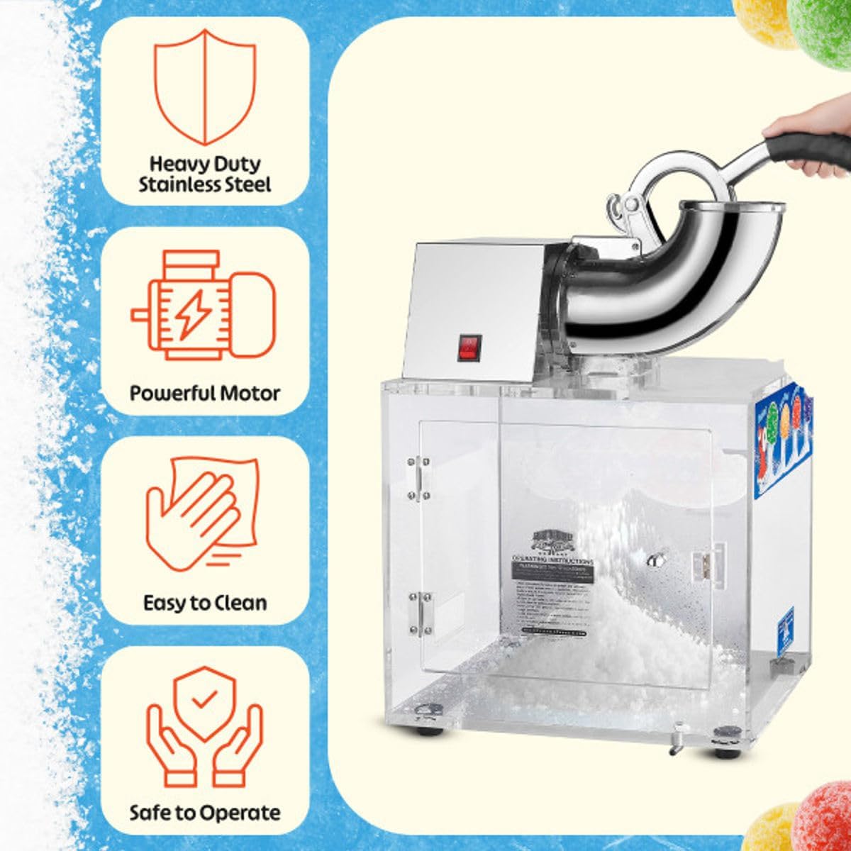 Polar Blast Snow Cone Machine - Acrylic Crushed Ice Maker Grinds Up to 500lbs of Ice Per Hour for Parties, Events, and More by Great Northern Popcorn