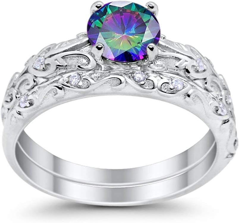 Blue Apple Co. Art Deco Two Piece Wedding Engagement Bridal Set Round Cubic Zirconia 925 Sterling Silver Choose Color