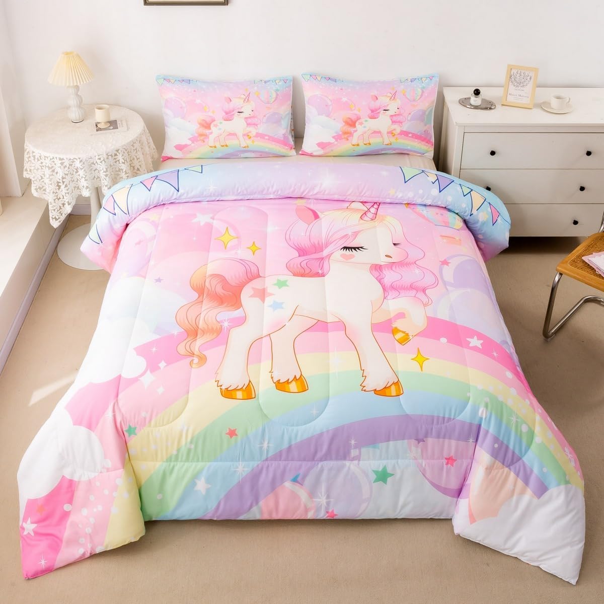 Amazon.com: BEDMUST Unicorn Comforter Set Twin - Soft Cute Pink Unicorn ...