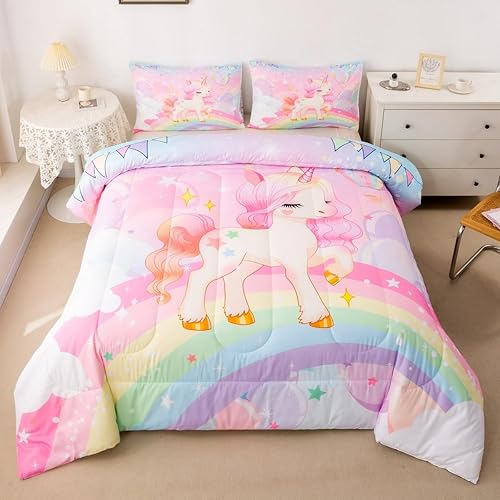 Feelyou Juego de ropa de cama de unicornio para niñas Twin arcoíris niños unicornio rosa juego de edredón Kawaii lindo reversible estrellas colcha