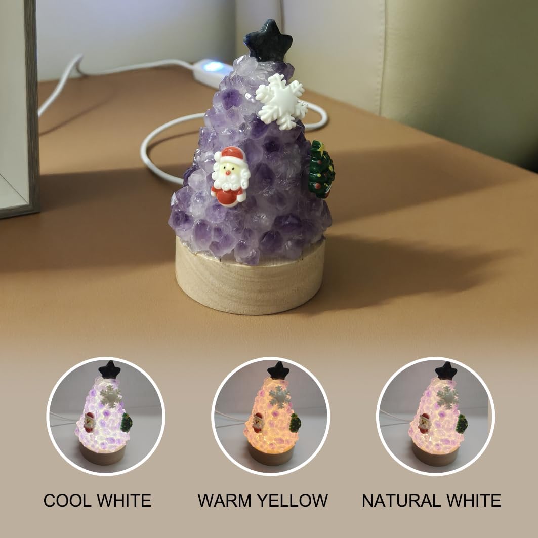 Natural Amethyst Crystal Tree Lamp - Healing Gemstone Pine Tree LED Night Light, 3.7 Inch Small Table Lamp with Wooden Base, Spiritual Home Office Decor, Zen Meditation Gift for Women & Men