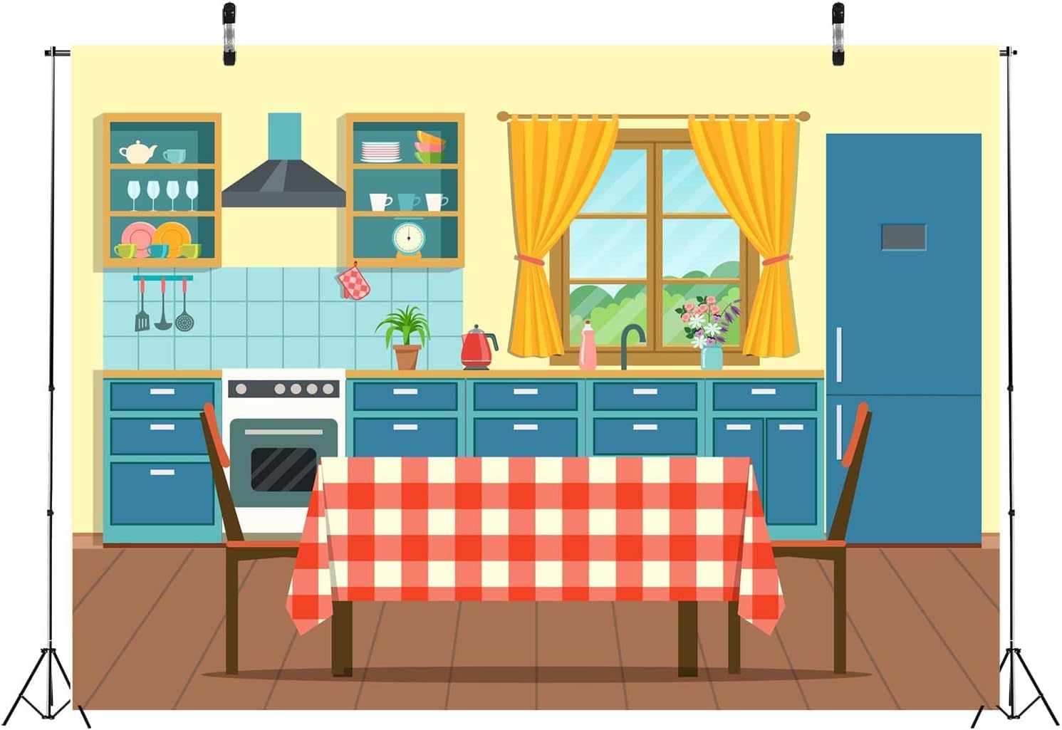 BELECO 6x3m Fabric Cucina Cartoon Colorata Sfondo Fotografico | Scenario Cucina Con Mobili Finestra Tavolo E Utensili Per Feste Foto Di Bambini Ed Eventi