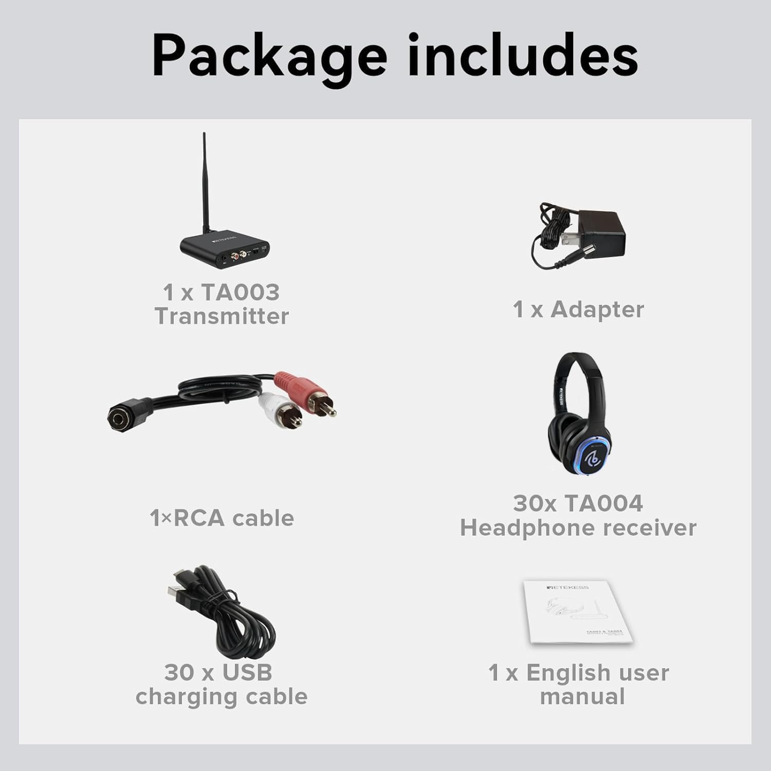 Retekess TA003 Silent Disco Headphone System,Wireless Silent Disco LED Light Headphones, Stereo and HiFi Sound, Silent Party Headphones for Music Events, Bar, Silent Conference (30 Pack)