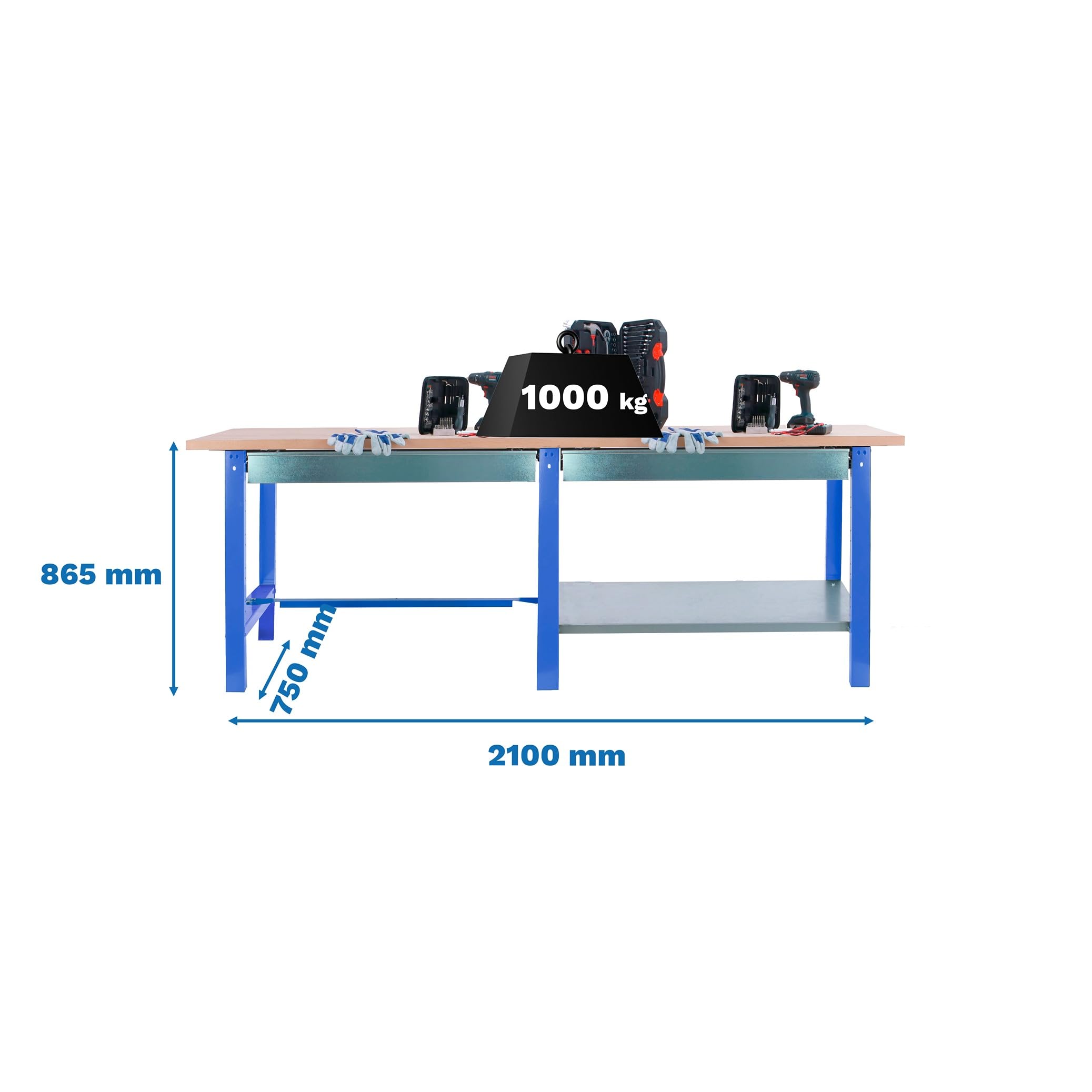 SimonRack Banco de Trabajo Taller Doble, Capacidad Carga 1000 kg, 865x2100x750 mm, 2 Cajones, Mesa de Trabajo, Azul/Haya - BT6 PRO